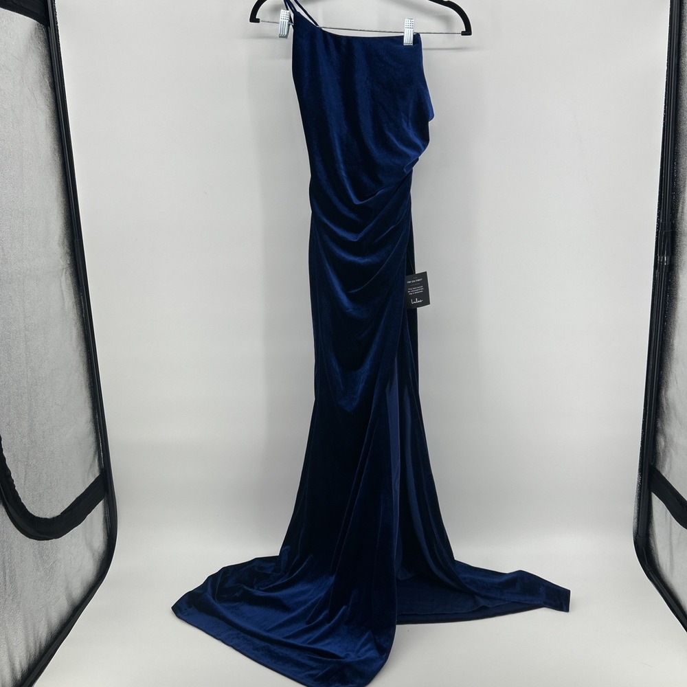 Lulus Royal Blue Velvet Maxi Dress NWT Sz 6 Asymmetrical Ruched Evening Gown